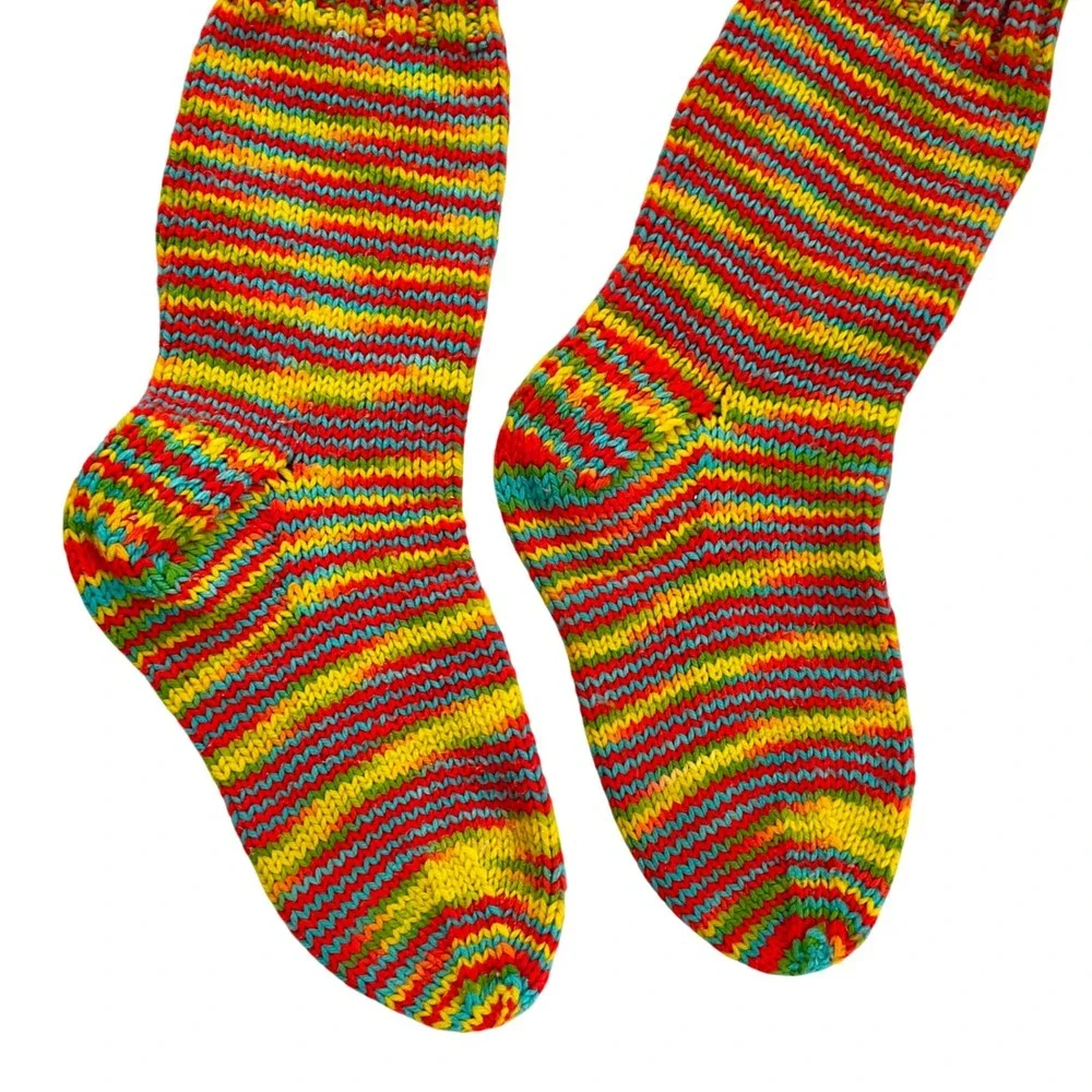 Hand Knit Rainbow Striped Crew‎ Slipper Socks Multicolored Boho Cozy Unisex